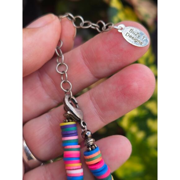 Multi Color Puka Shell Necklace w/Pave Diamond, Sterling Silver & White Enamel - Picture 5 of 10